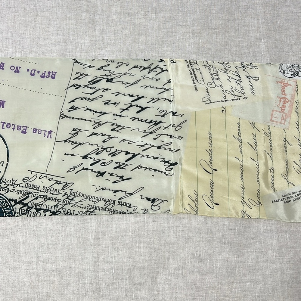 100% silk scarf with mail, stamps, letter design. Size: 10 inch x 51 inch - Picture 4 of 5